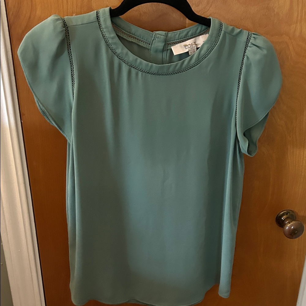 LOFT Teal Blouse with tulip Cap Sleeves and trim details